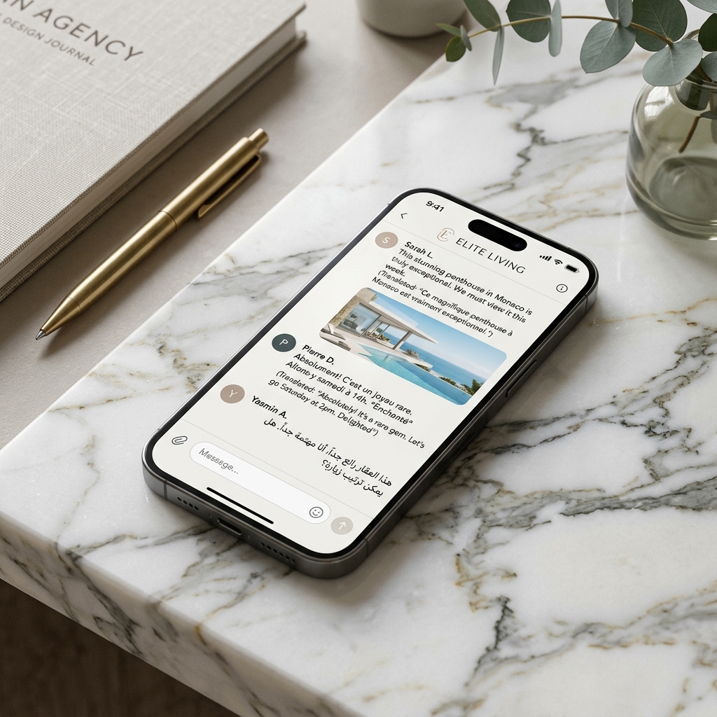 Aplicación de chat inmobiliaria multilingüe en smartphone